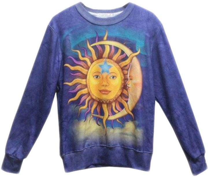Choies Blue Sweatershirt With Sun And Moon Print, $29 | Choies | Lookastic