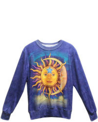 Choies Blue Sweatershirt With Sun And Moon Print