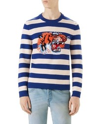 Gucci Stripe Tiger Wool Crewneck Sweater