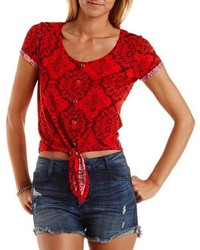 Charlotte Russe Cropped Button Up Printed Tee
