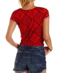 Charlotte Russe Cropped Button Up Printed Tee