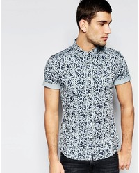 Asos Brand Skinny Denim Shirt With Leaf Print In Short Sleeve