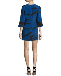 Halston Heritage 34 Sleeve Graphic Two Tone Mini Dress Ultramarine Abstract