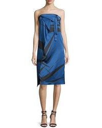 Halston Heritage Strapless Graphic Charmeuse Dress W Fold Details Ultramarine Abstract