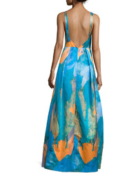 Milly Sleeveless Abstract Print Gown Teal