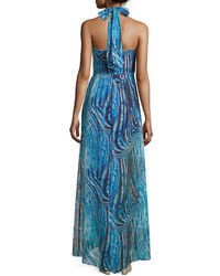 BCBGMAXAZRIA Starr Printed Halter Gown Royal Blue