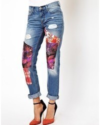 Asos Brady Low Rise Slim Boyfriend Jeans In Mid Wash Blue With Patchwork Detail Blue