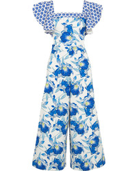 Temperley London Marybell Ruffled Printed Stretch Cotton Jumpsuit Blue