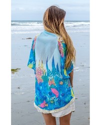 Elizabeth Koh Blue Feather Print Kimono Cardigan