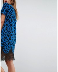 Asos T Shirt Dress With Lace Inserts In Leopard Print