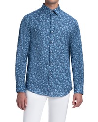 Bugatchi Classic Fit Leaf Print Lyocell Button Up Shirt In Cobalt At Nordstrom