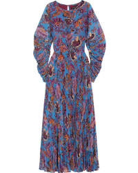Etro Printed Pliss Georgette Maxi Dress Blue