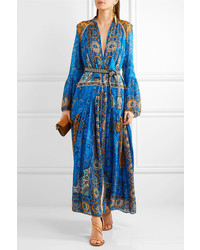 Etro Printed Pliss Silk Maxi Dress Blue