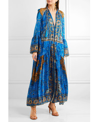 Etro Printed Pliss Silk Maxi Dress Blue