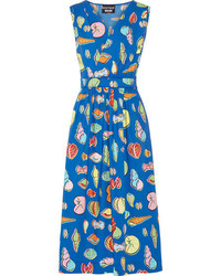 Moschino Boutique Wrap Effect Printed Cotton Blend Poplin Midi Dress Bright Blue