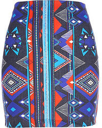 River Island Blue Aztec Print Mini Skirt