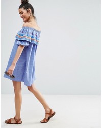 Asos Geo Tribal Embroidered Off Shoulder Sundress On Check Cotton
