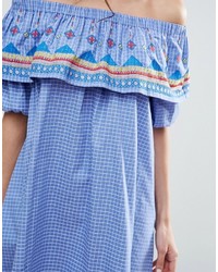 Asos Geo Tribal Embroidered Off Shoulder Sundress On Check Cotton