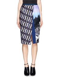 Nobrand Front Split Asymmetric Tweed And Print Pencil Skirt