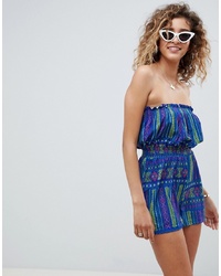 ASOS DESIGN Bandeau Jersey Playsuit With Shirred Waist In Aztec Print