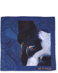 Etro Silk French Bulldog Print Pocket Square Blue