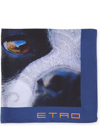 Etro Silk French Bulldog Print Pocket Square Blue