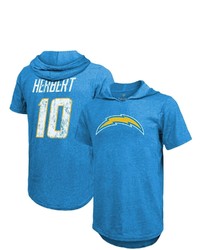 Majestic Threads Fanatics Branded Justin Herbert Powder Blue Los Angeles Chargers Player Name Number Tri Blend Hoodie T Shirt