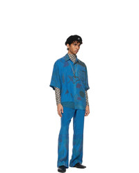 Marine Serre Blue Silk Patchwork Scarves Short Sleeve Shirt