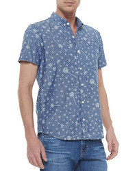 AG Adriano Goldschmied Dandelion Print Short Sleeve Button Front Shirt Blue