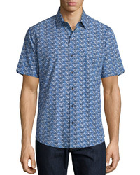 Zachary Prell Furniss Palm Print Short Sleeve Sport Shirt Navy