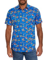 Robert Graham Gone Fishing Stretch Print Short Sleeve Button Up Shirt In Blue At Nordstrom