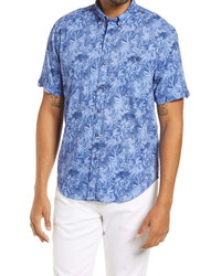 Men's Blue Print Short Sleeve Shirt, Beige Shorts, Navy Sunglasses ...