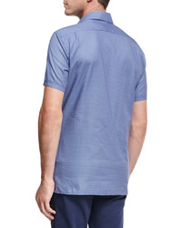 Ermenegildo Zegna Record Print Short Sleeve Cotton Shirt Dark Blue