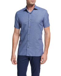 Ermenegildo Zegna Record Print Short Sleeve Cotton Shirt Dark Blue
