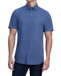 Bugatchi Shaped Fit Grid Print Short Sleeve Stretch Cotton Button Up Shirt In Navy At Nordstrom