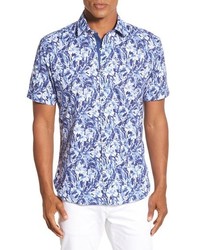Bugatchi Shaped Fit Tropical Shatter Print Short Sleeve Sport Shirt