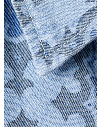 Topman Blue Baroque Print Short Sleeve Denim Shirt