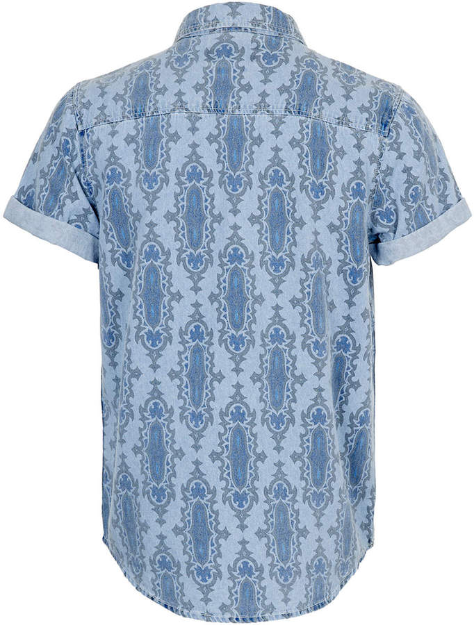 Topman Blue Baroque Print Short Sleeve Denim Shirt, $55 | Topman ...
