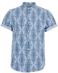 Topman Blue Baroque Print Short Sleeve Denim Shirt