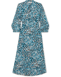 Blue Print Silk Midi Dress