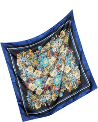 Roberto Cavalli Floral And Animal Print Deep Blue Silk Square Scarf