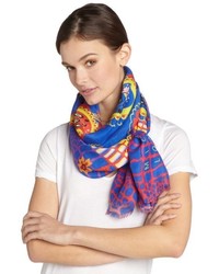 Micky London Blue And Red Printed Silk Blend Dragon Lady Scarf
