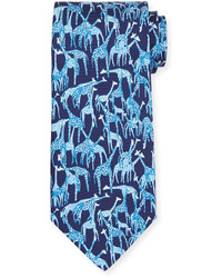 Salvatore Ferragamo Giraffe Printed Silk Tie Blue