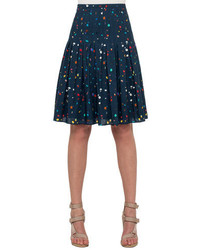 Akris Punto Stitch Pleated Boulder Print Skirt Navy