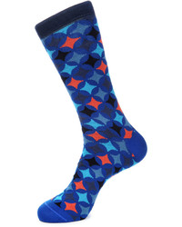 Jared Lang Diamond Print Cotton Blend Socks Blue Pattern
