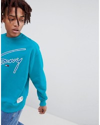 Tommy Jeans Signature Capsule Logo Front Sweatshirt Relaxed Fit In Turquoise Blue