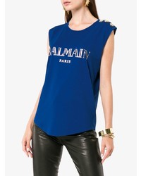 Balmain Blue Sleeveless Cotton T Shirt