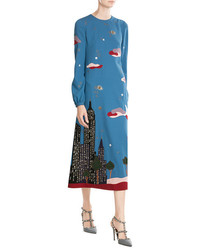 Valentino Skyline Printed And Embroidered Virgin Wool Dress
