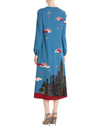 Valentino Skyline Printed And Embroidered Virgin Wool Dress