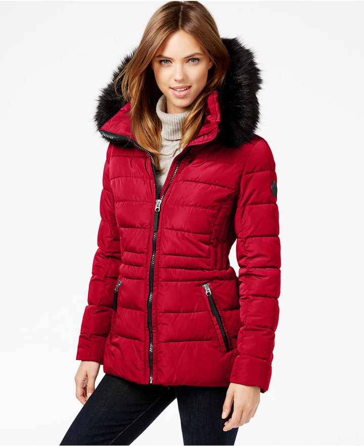 Calvin Klein Water Resistant Hooded Faux Fur Trim Puffer Coat, $250 |  Macy's | Lookastic